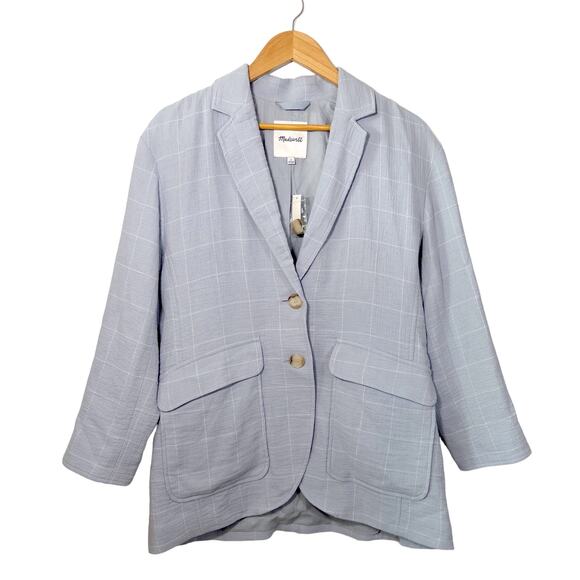 Madewell NEW Larsen Cotton Linen Relaxed Blazer in Windowpane Blue White Small - Picture 2 of 11